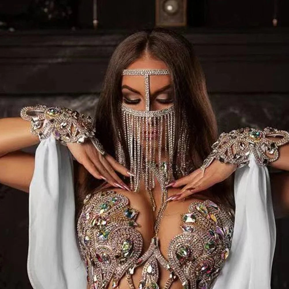 Divine Feminine Arabian Jewellery Full Rhinestone Tassel Mask Chain.