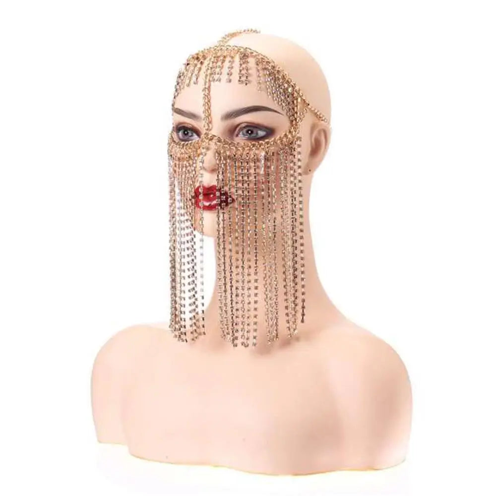 Divine Feminine Arabian Jewellery Full Rhinestone Tassel Mask Chain.