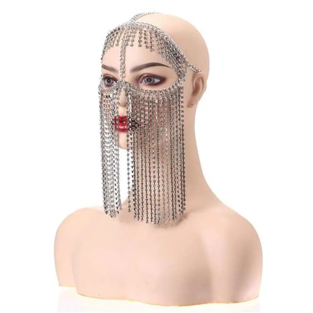 Divine Feminine Arabian Jewellery Full Rhinestone Tassel Mask Chain.