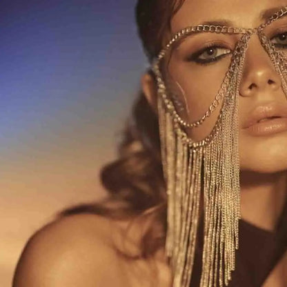 Divine Feminine Arabian Jewellery Full Rhinestone Tassel Mask Chain.