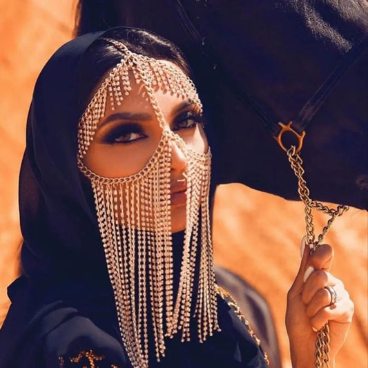 Divine Feminine Arabian Jewellery Full Rhinestone Tassel Mask Chain.