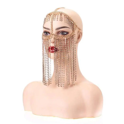 Divine Feminine Arabian Jewellery Full Rhinestone Tassel Mask Chain.