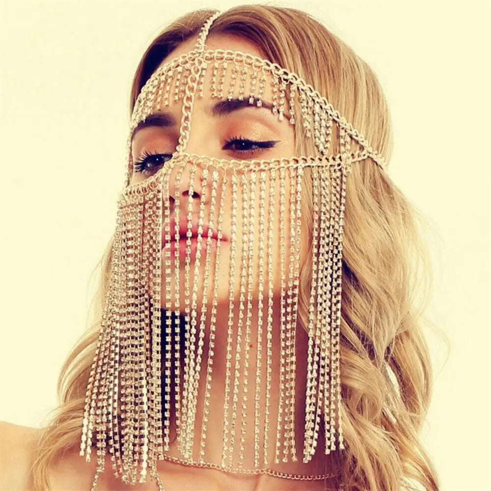 Divine Feminine Arabian Jewellery Full Rhinestone Tassel Mask Chain.
