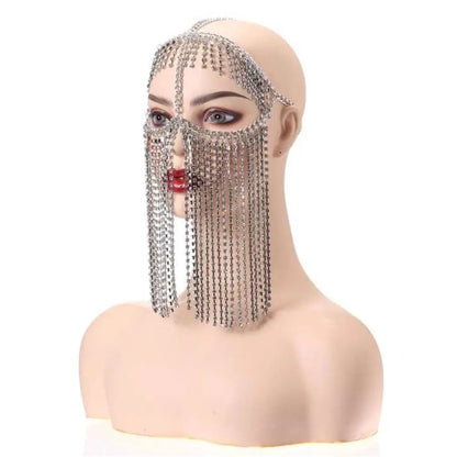 Divine Feminine Arabian Jewellery Full Rhinestone Tassel Mask Chain.