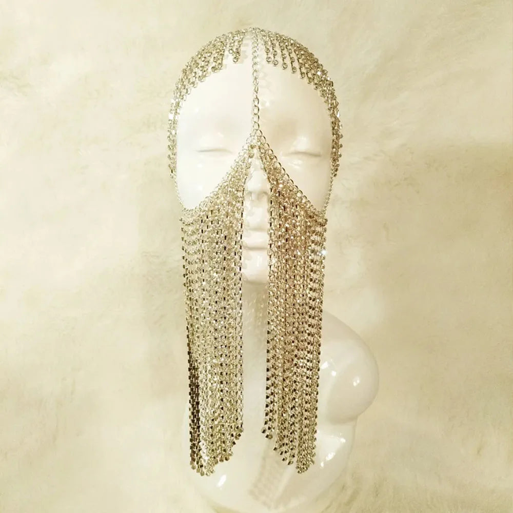 Divine Feminine Arabian Jewellery Full Rhinestone Tassel Mask Chain.