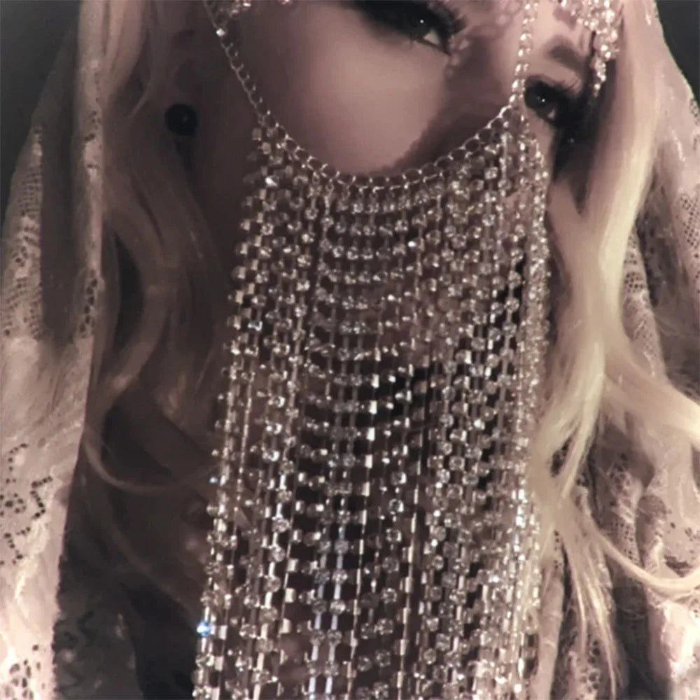 Divine Feminine Arabian Jewellery Full Rhinestone Tassel Mask Chain.