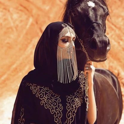Divine Feminine Arabian Jewellery Full Rhinestone Tassel Mask Chain.
